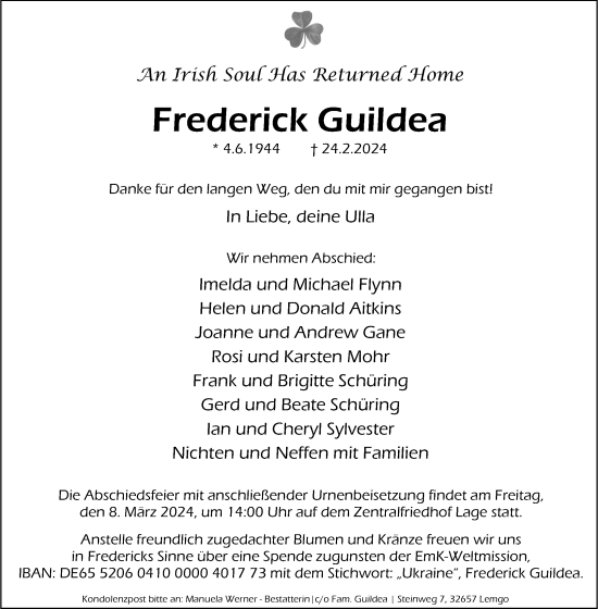 Anzeige  Frederick Guildea  Lippische Landes-Zeitung