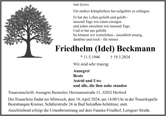 Anzeige  Friedhelm Beckmann  Lippische Landes-Zeitung