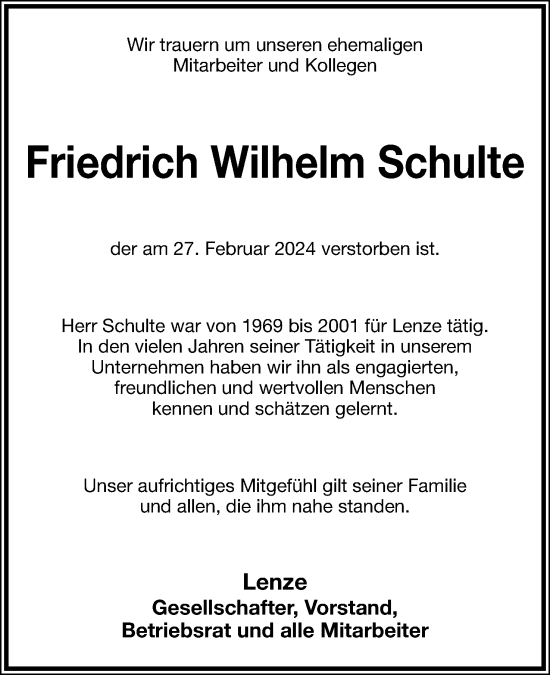 Anzeige  Friedrich Wilhelm Schulte  Lippische Landes-Zeitung