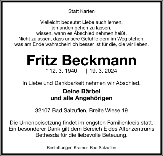Anzeige  Fritz Beckmann  Lippische Landes-Zeitung