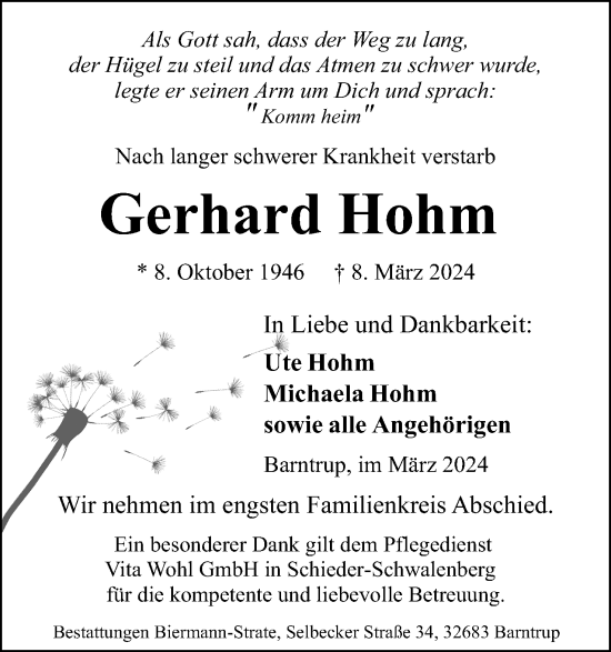 Anzeige  Gerhard Hohm  Lippische Landes-Zeitung