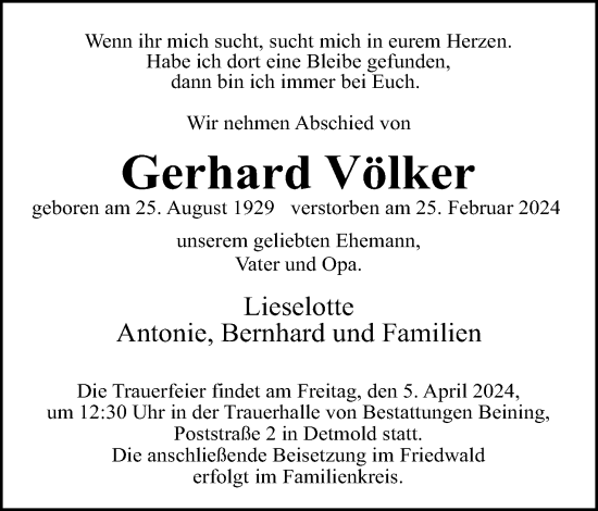 Anzeige  Gerhard Völker  Lippische Landes-Zeitung