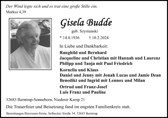 Anzeige  Gisela Budde  Lippische Landes-Zeitung