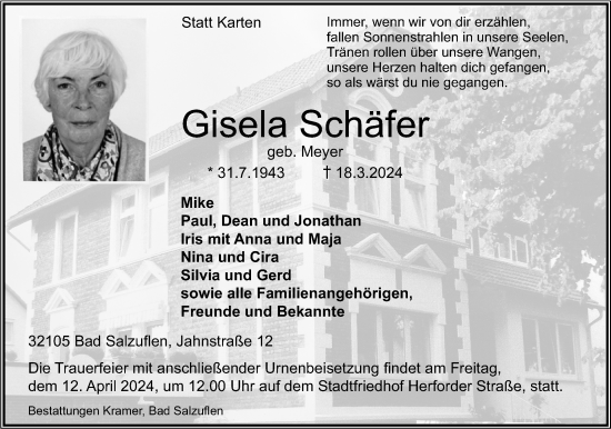 Anzeige  Gisela Schäfer  Lippische Landes-Zeitung