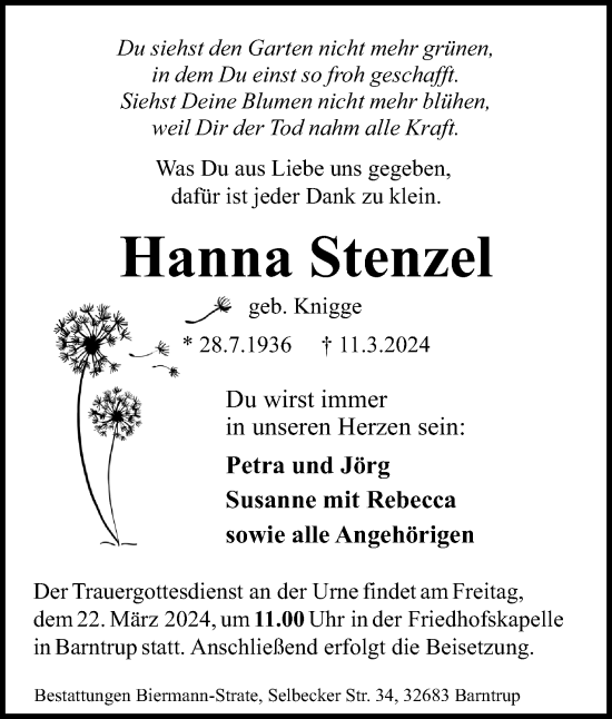 Anzeige  Hanna Stenzel  Lippische Landes-Zeitung