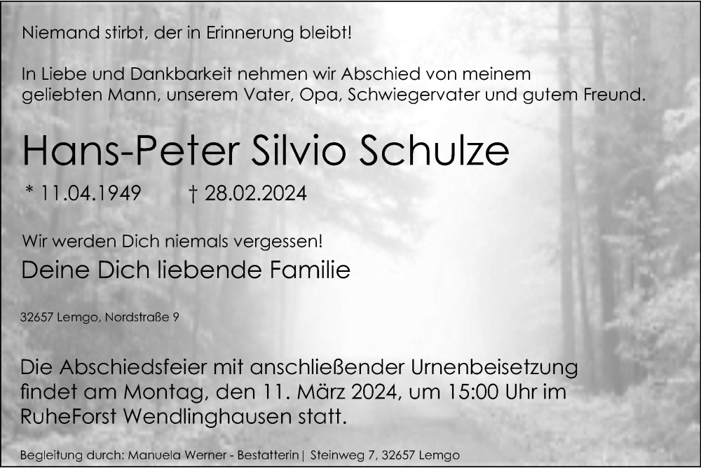  Traueranzeige für Hans-Peter Silvio Schulze vom 02.03.2024 aus Lippische Landes-Zeitung
