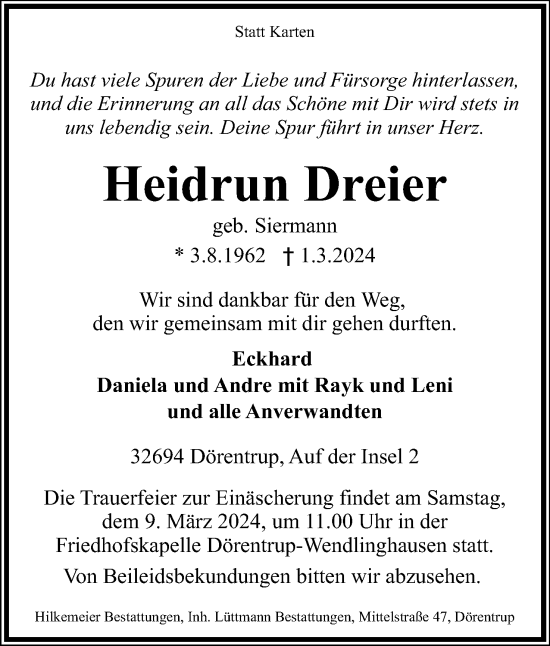 Anzeige  Heidrun Dreier  Lippische Landes-Zeitung