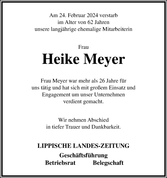 Anzeige  Heike Meyer  Lippische Landes-Zeitung