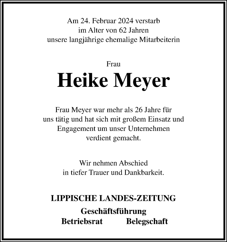  Traueranzeige für Heike Meyer vom 02.03.2024 aus Lippische Landes-Zeitung