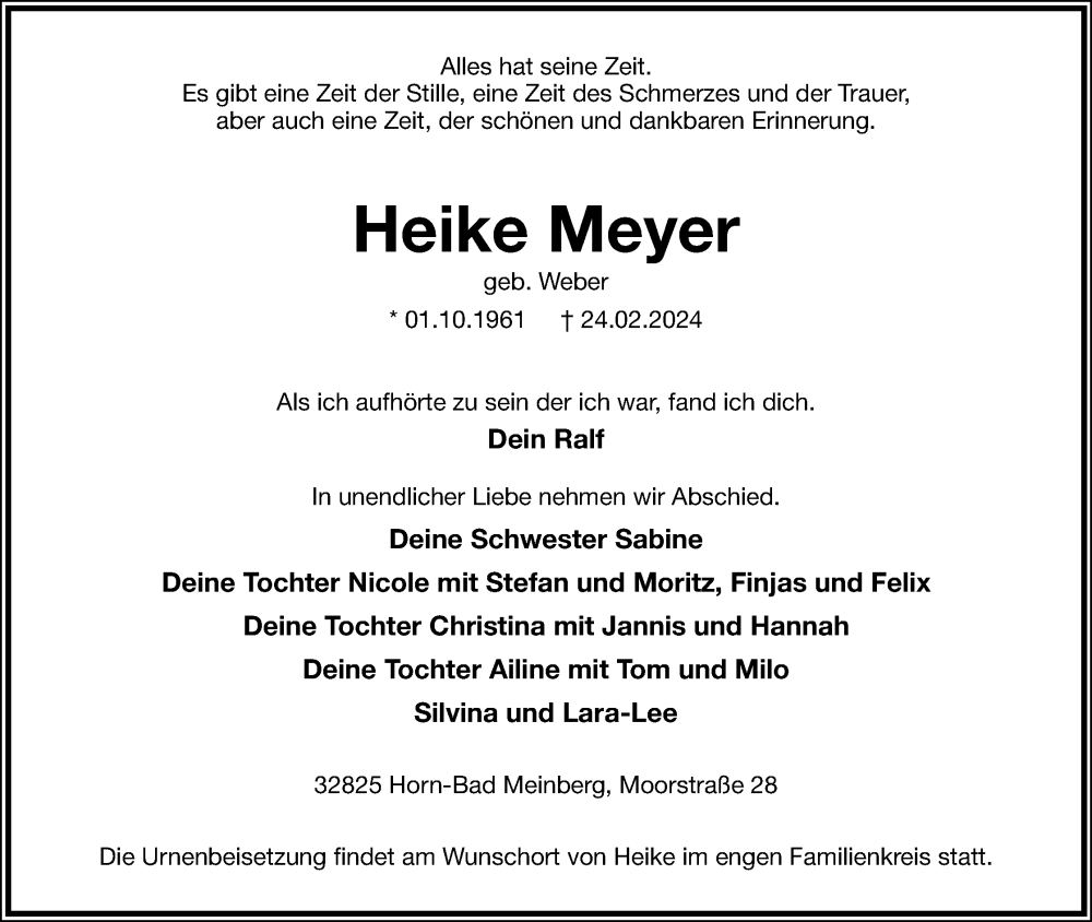  Traueranzeige für Heike Meyer vom 02.03.2024 aus Lippische Landes-Zeitung