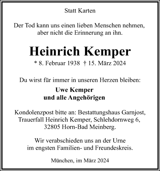 Anzeige  Heinrich Kemper  Lippische Landes-Zeitung