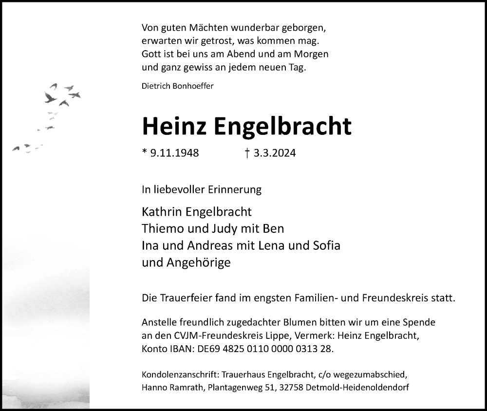  Traueranzeige für Heinz Engelbracht vom 16.03.2024 aus Lippische Landes-Zeitung