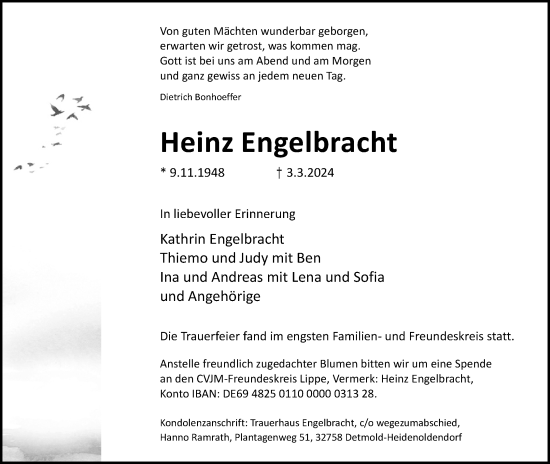 Anzeige  Heinz Engelbracht  Lippische Landes-Zeitung