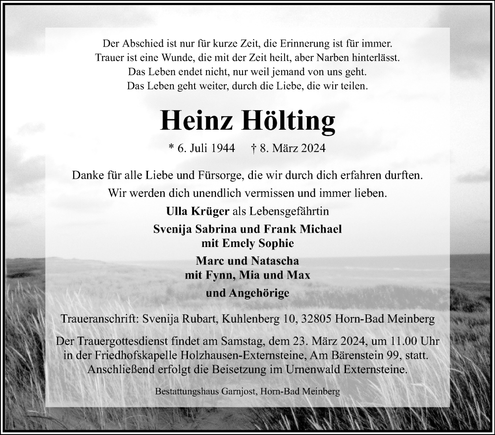  Traueranzeige für Heinz Hölting vom 16.03.2024 aus Lippische Landes-Zeitung