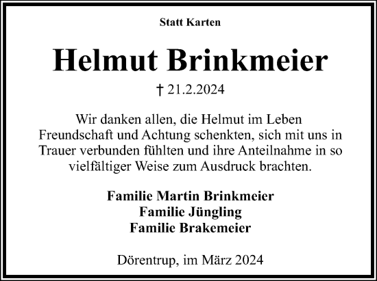 Anzeige  Helmut Brinkmeier  Lippische Landes-Zeitung