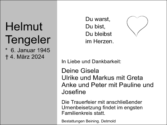 Anzeige  Helmut Tengeler  Lippische Landes-Zeitung