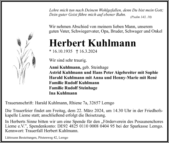 Anzeige  Herbert Kuhlmann  Lippische Landes-Zeitung