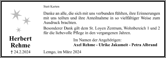 Anzeige  Herbert Rehme  Lippische Landes-Zeitung