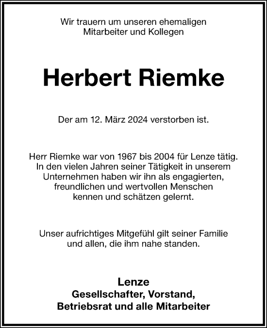 Anzeige  Herbert Riemke  Lippische Landes-Zeitung