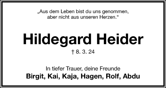Anzeige  Hildegard Heider  Lippische Landes-Zeitung
