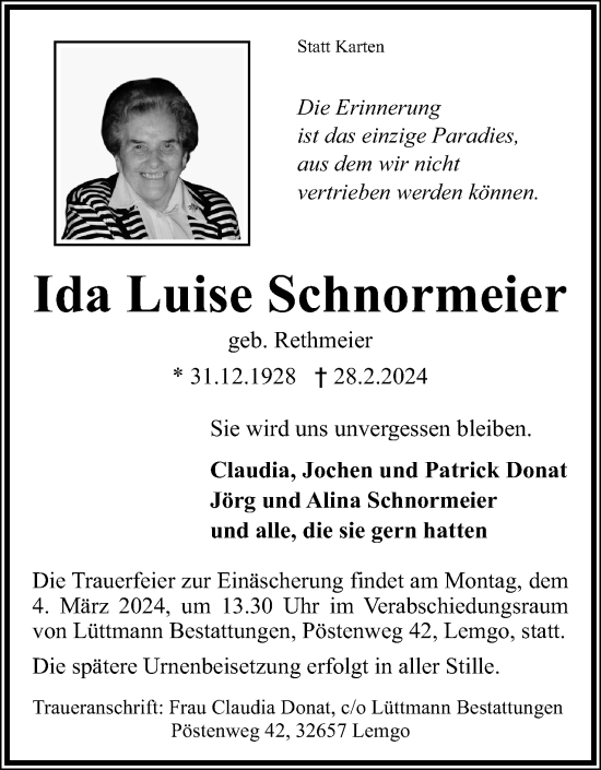 Anzeige  Ida Luise Schnormeier  Lippische Landes-Zeitung