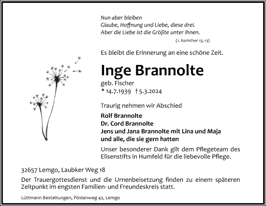 Anzeige  Inge Brannolte  Lippische Landes-Zeitung
