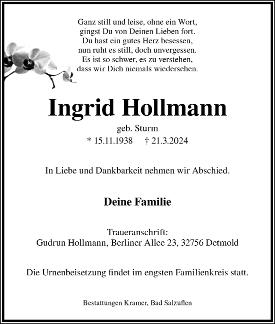 Anzeige  Ingrid Hollmann  Lippische Landes-Zeitung