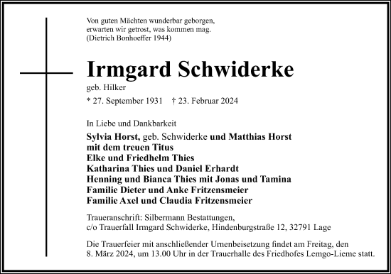 Anzeige  Irmgard Schwiderke  Lippische Landes-Zeitung