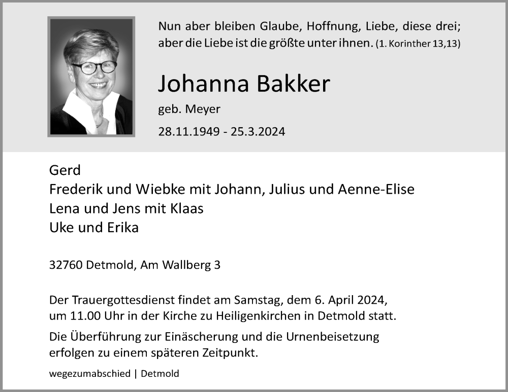  Traueranzeige für Johanna Bakker vom 29.03.2024 aus Lippische Landes-Zeitung