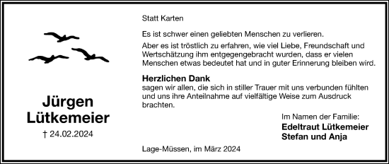 Anzeige  Jürgen Lütkemeier  Lippische Landes-Zeitung