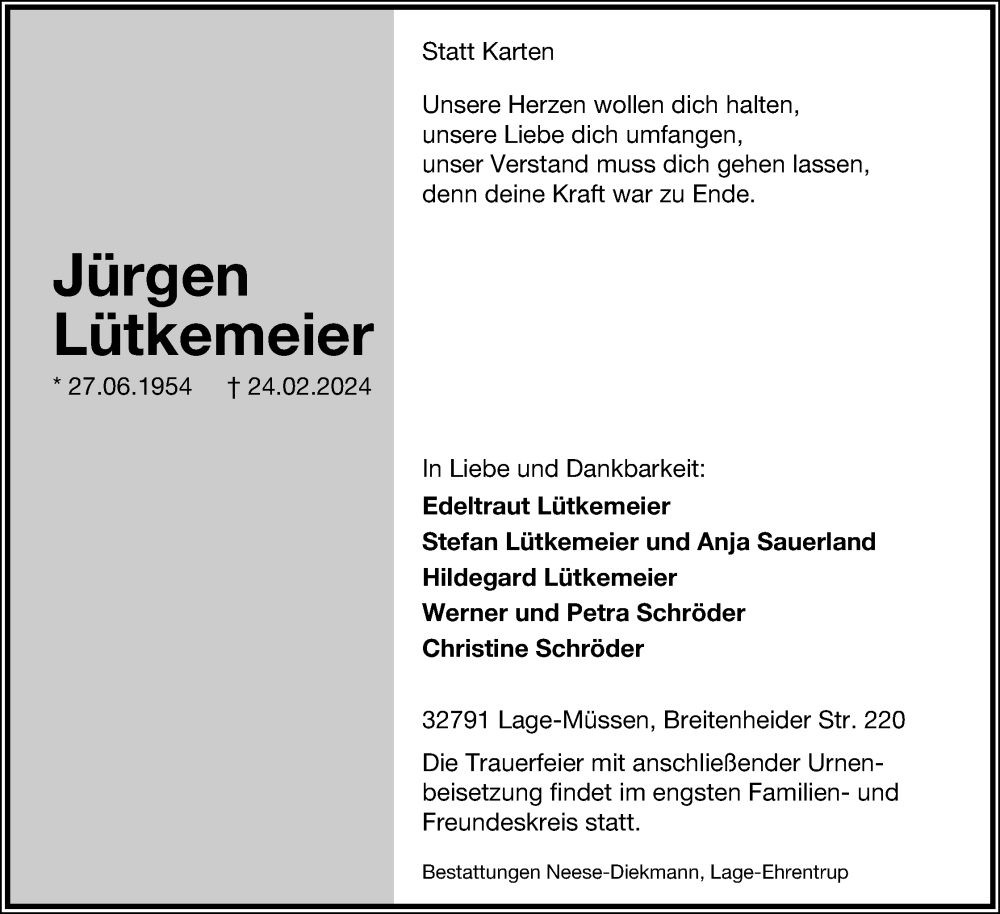  Traueranzeige für Jürgen Lütkemeier vom 02.03.2024 aus Lippische Landes-Zeitung
