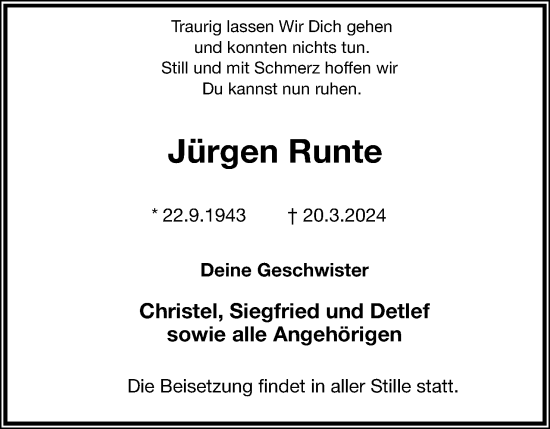 Anzeige  Jürgen Runte  Lippische Landes-Zeitung