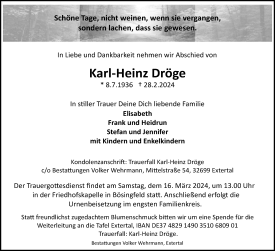 Anzeige  Karl-Heinz Dröge  Lippische Landes-Zeitung