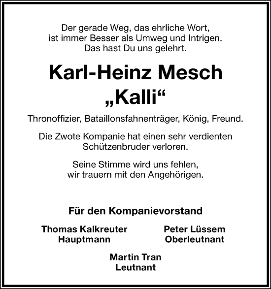 Anzeige  Karl-Heinz  Mesch  Lippische Landes-Zeitung