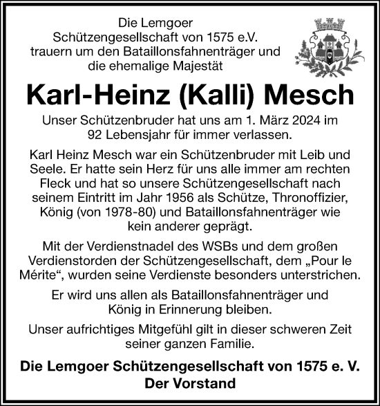 Anzeige  Karl-Heinz  Mesch  Lippische Landes-Zeitung