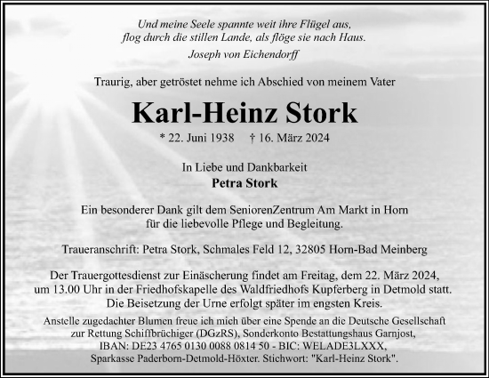 Anzeige  Karl-Heinz Stork  Lippische Landes-Zeitung