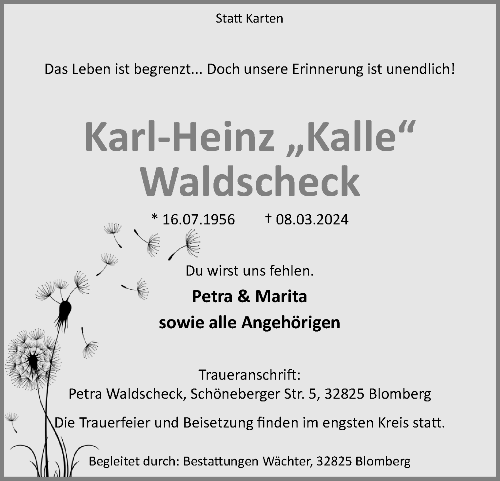  Traueranzeige für Karl-Heinz Waldscheck vom 16.03.2024 aus Lippische Landes-Zeitung