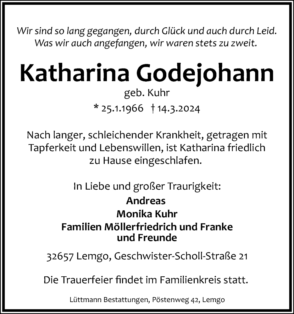  Traueranzeige für Katharina Godejohann vom 23.03.2024 aus Lippische Landes-Zeitung