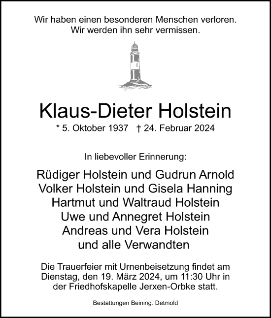 Anzeige  Klaus-Dieter Holstein  Lippische Landes-Zeitung