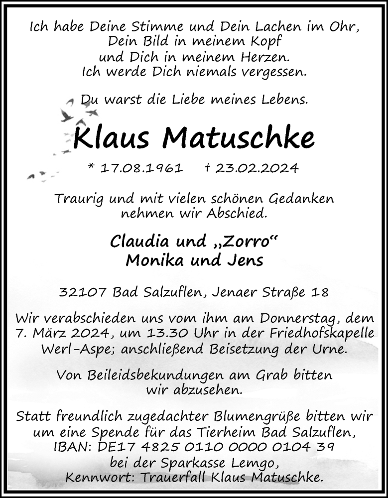  Traueranzeige für Klaus Matuschke vom 02.03.2024 aus Lippische Landes-Zeitung