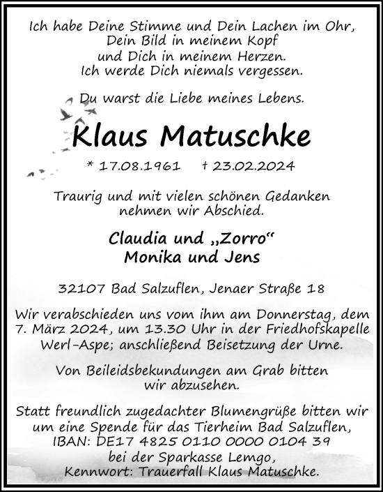 Anzeige  Klaus Matuschke  Lippische Landes-Zeitung