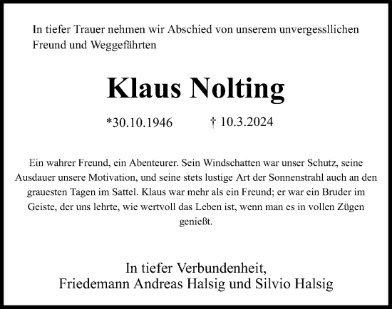 Anzeige  Klaus Nolting  Lippische Landes-Zeitung