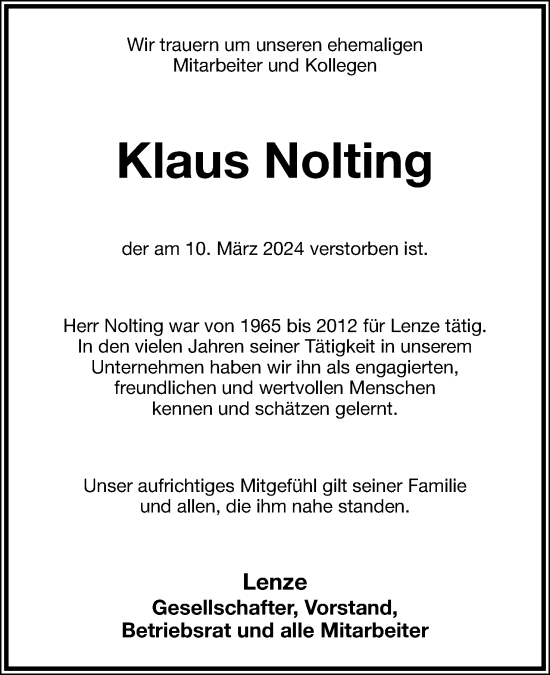 Anzeige  Klaus Nolting  Lippische Landes-Zeitung