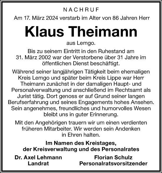 Anzeige  Klaus Theimann  Lippische Landes-Zeitung