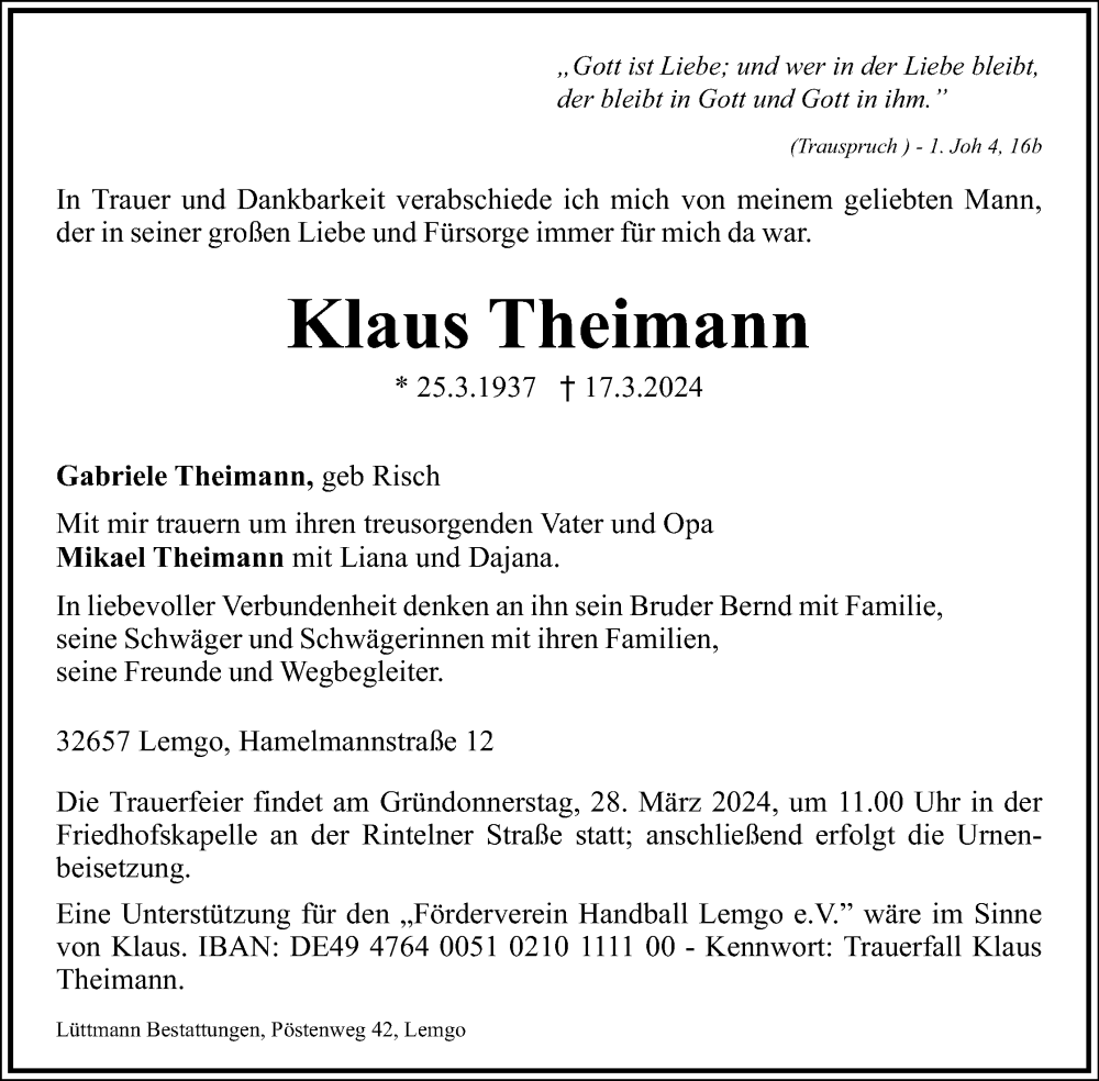  Traueranzeige für Klaus Theimann vom 23.03.2024 aus Lippische Landes-Zeitung
