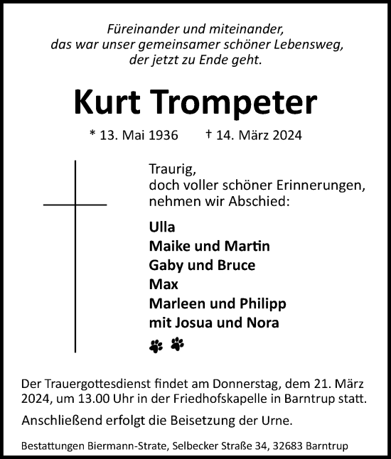 Anzeige  Kurt Trompeter  Lippische Landes-Zeitung