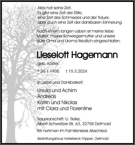 Anzeige  Lieselott Hagemann  Lippische Landes-Zeitung