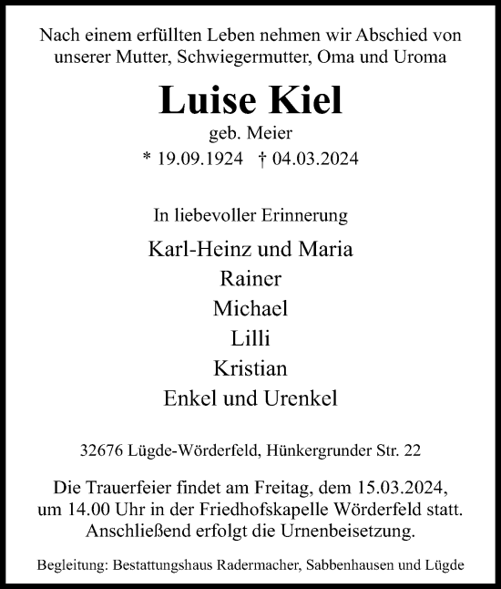 Anzeige  Luise Kiel  Lippische Landes-Zeitung