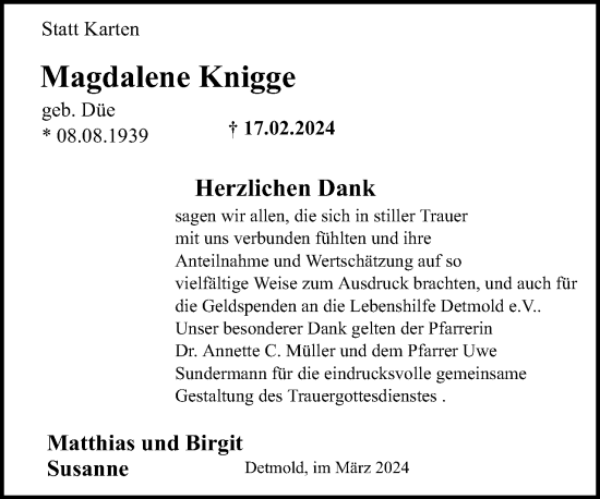 Anzeige  Magdalene Knigge  Lippische Landes-Zeitung