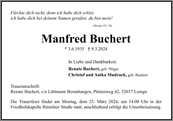 Anzeige  Manfred Buchert  Lippische Landes-Zeitung